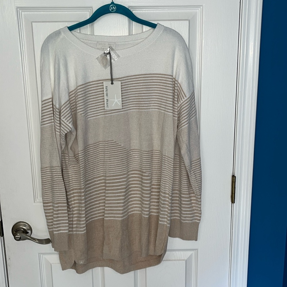Barefoot dreams cozychic ultra lite split stripes tunic large stone/salt